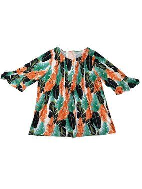 Tropical Leaf-Print Women’s Blouse XXL Plus Size Flowy Boho Style Bell Sleeves